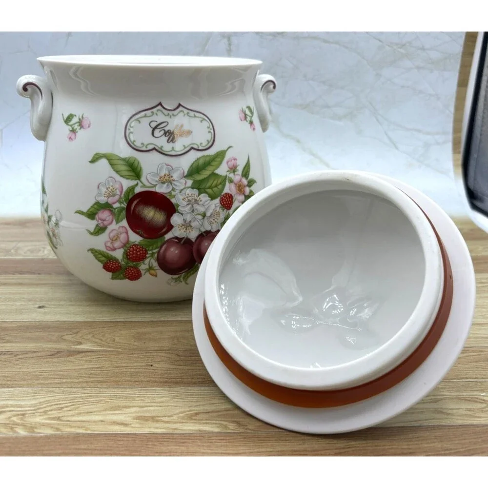 Lenox Ceramic Coffee Canister Orchard Fruit & Floral Design w/Lid Fine Porcelain
